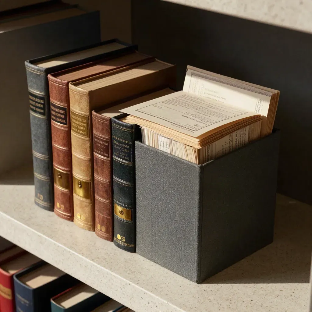 Libri d’archivio, schedario e pacchetto verificato su travertino, in tensione