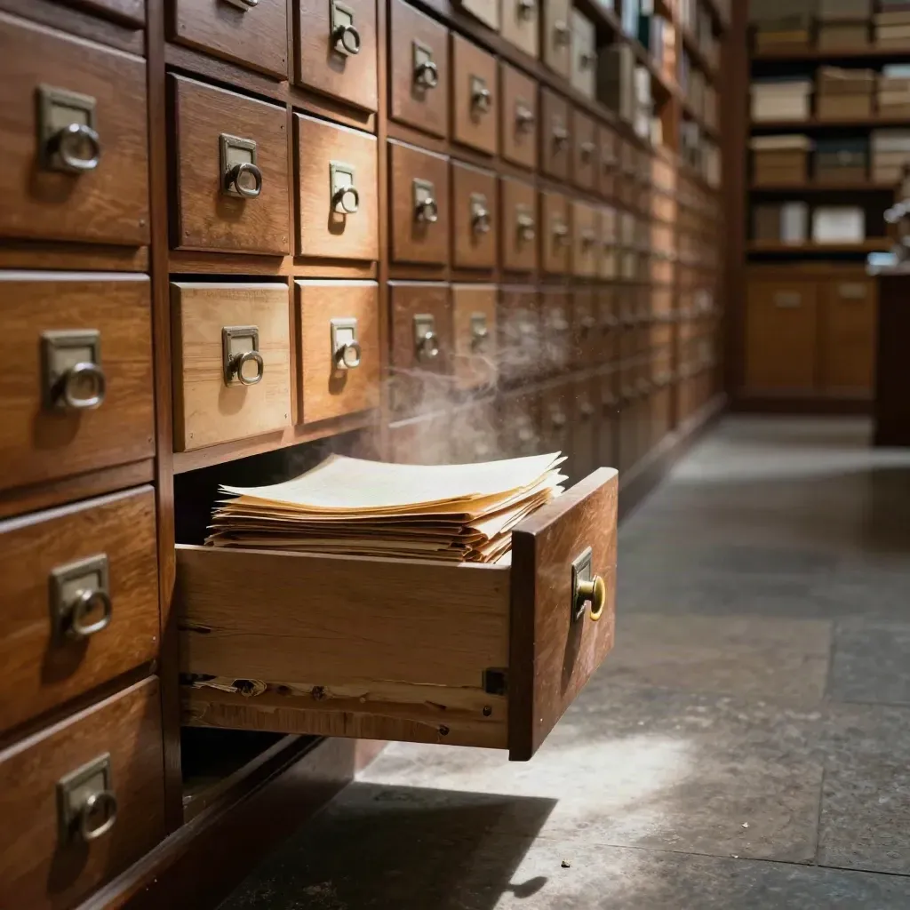 Corridoio di archivio con cassetto aperto e polvere in luce radente.