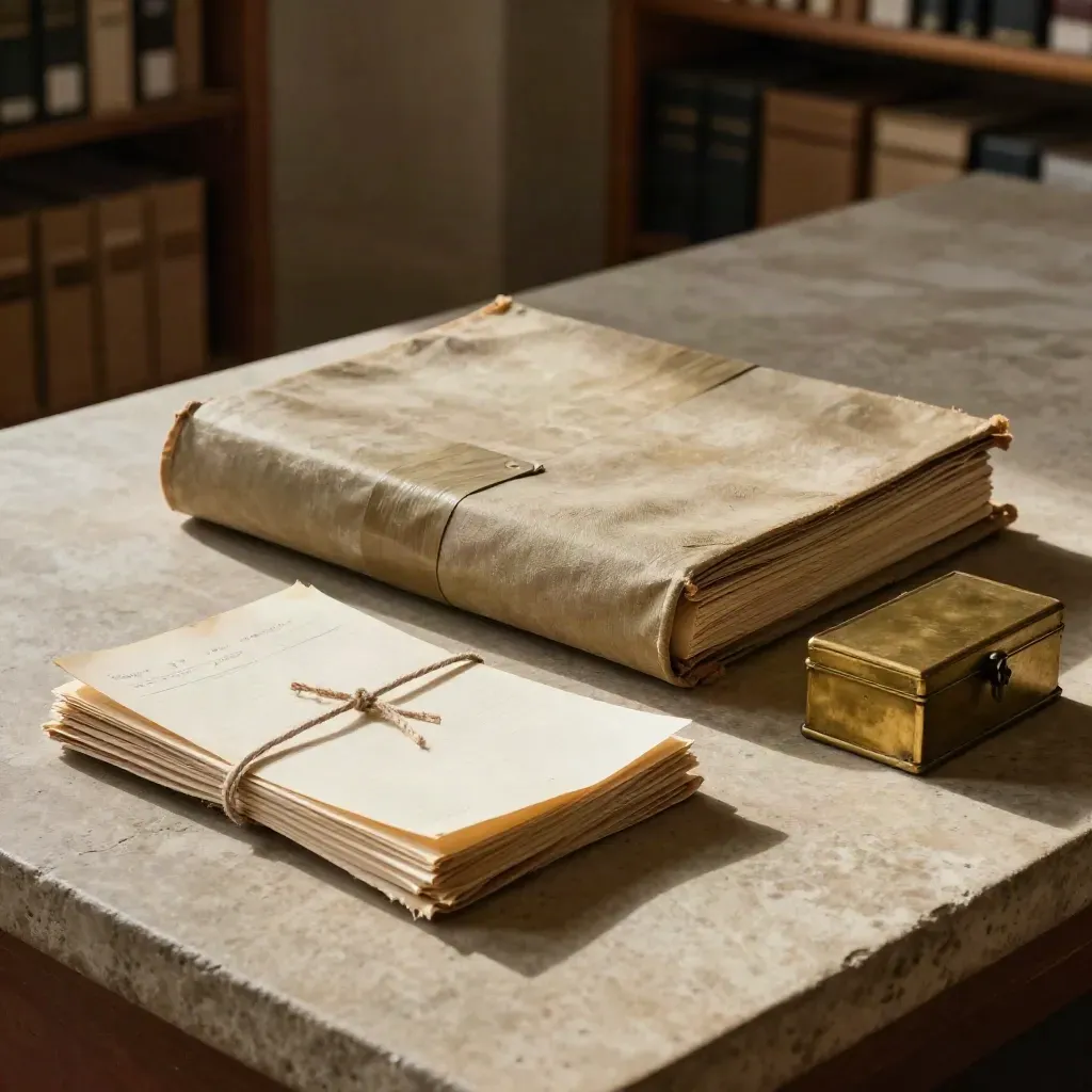 Fascicolo storico su misura in lino, fascio legato e scatola archivistica in ottone in un archivio buio.