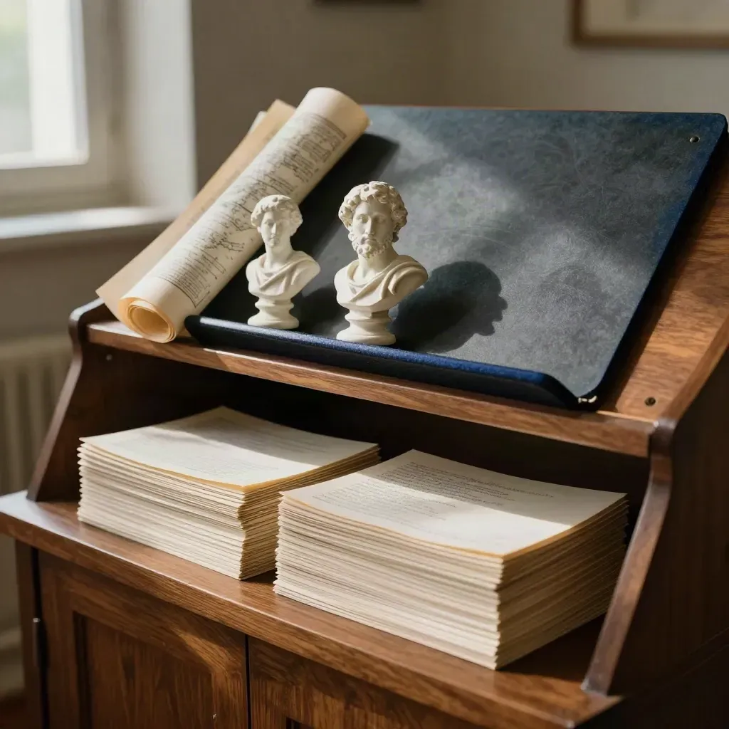 Schede per la lezione, busto in gesso e tubo per mappe accanto a un leggio scuro.