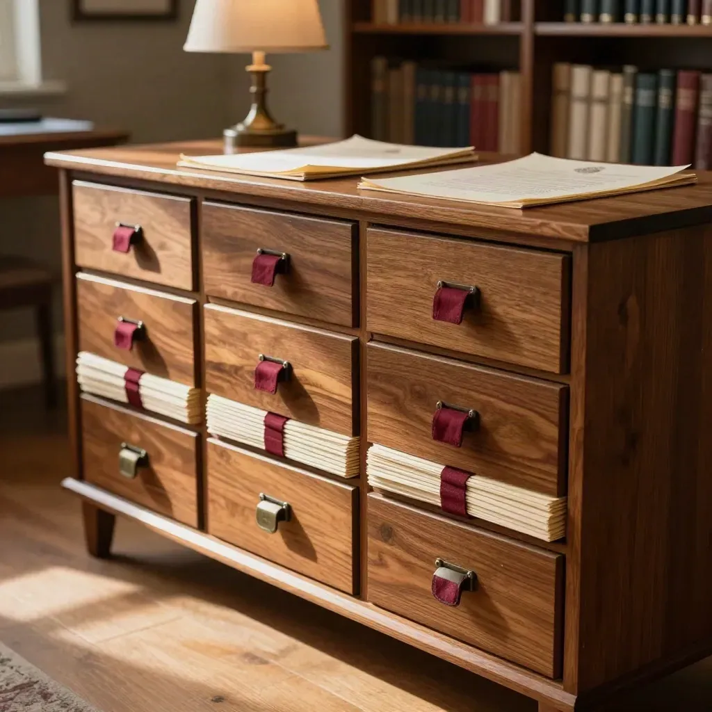 Cassetti archivio ordinati con fascicoli genealogici e un folio finito sopra.