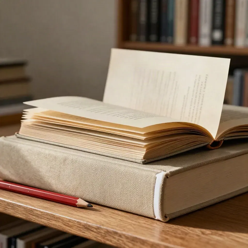 Stack di libri storici corretti con prove capovolte e matita rossa su legno caldo.