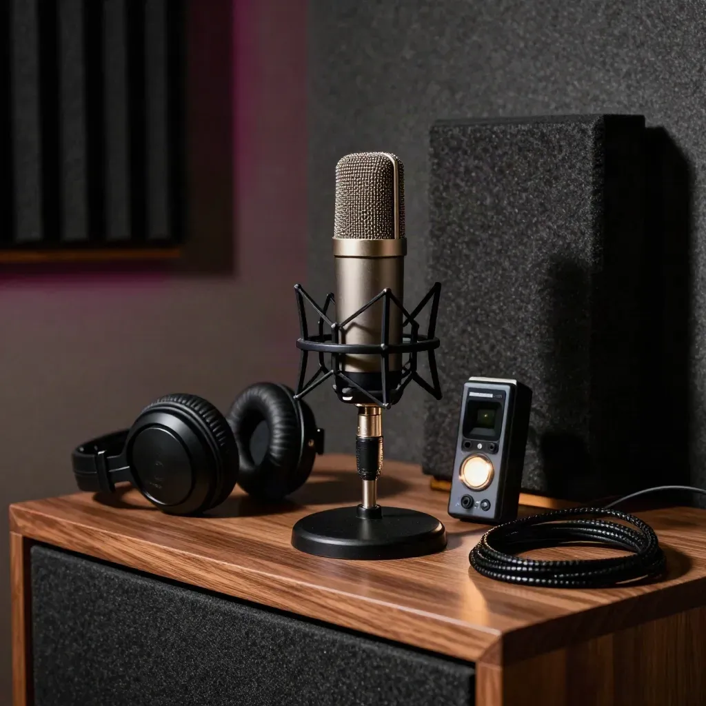 Microfono podcast, cuffie e registratore accesi in un angolo di studio buio.