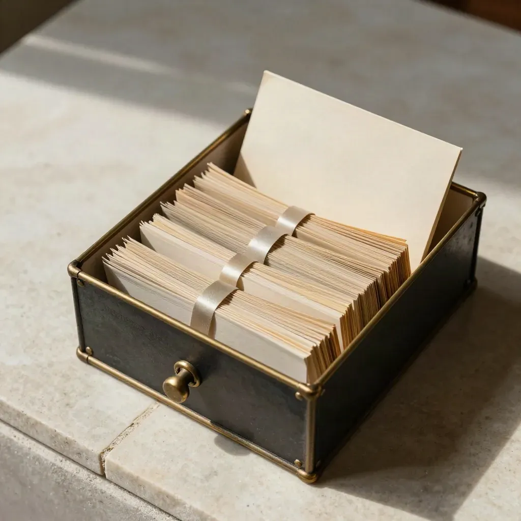 Scatola d’archivio aperta con fascicoli legati e cassetto indice su pietra chiara.